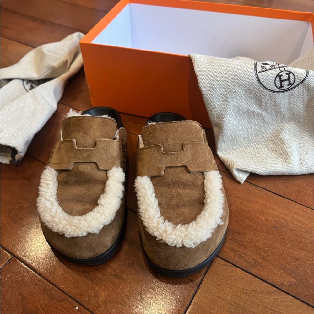 Hermes Brown and Cream Loafers with Plush Lining